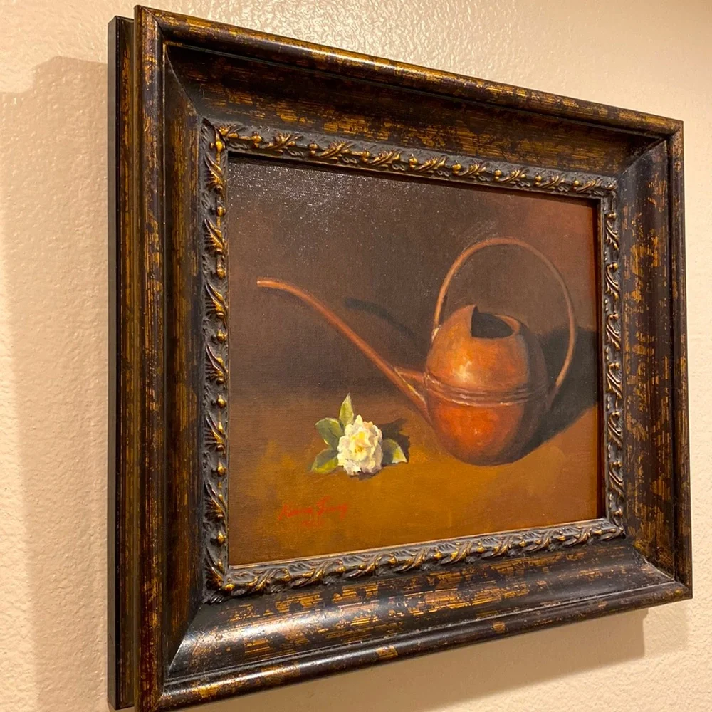 Original Oil Painting of An Antique Watering Can & White Flower w/Frame 11 x 14" - Picture 2 of 5